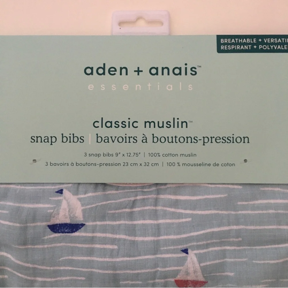 NEW Aden + Anais Muslin Cotton Snap Bibs Breathable Cotton Sailboats Fish Prints